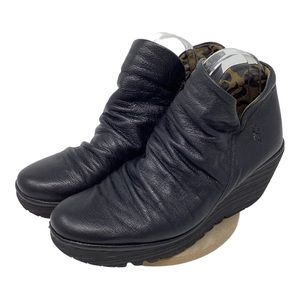 Fly London Yamy Yip Black Leather Ankle Wedge Zip Bootie Womens EU 41 US 10-10.5